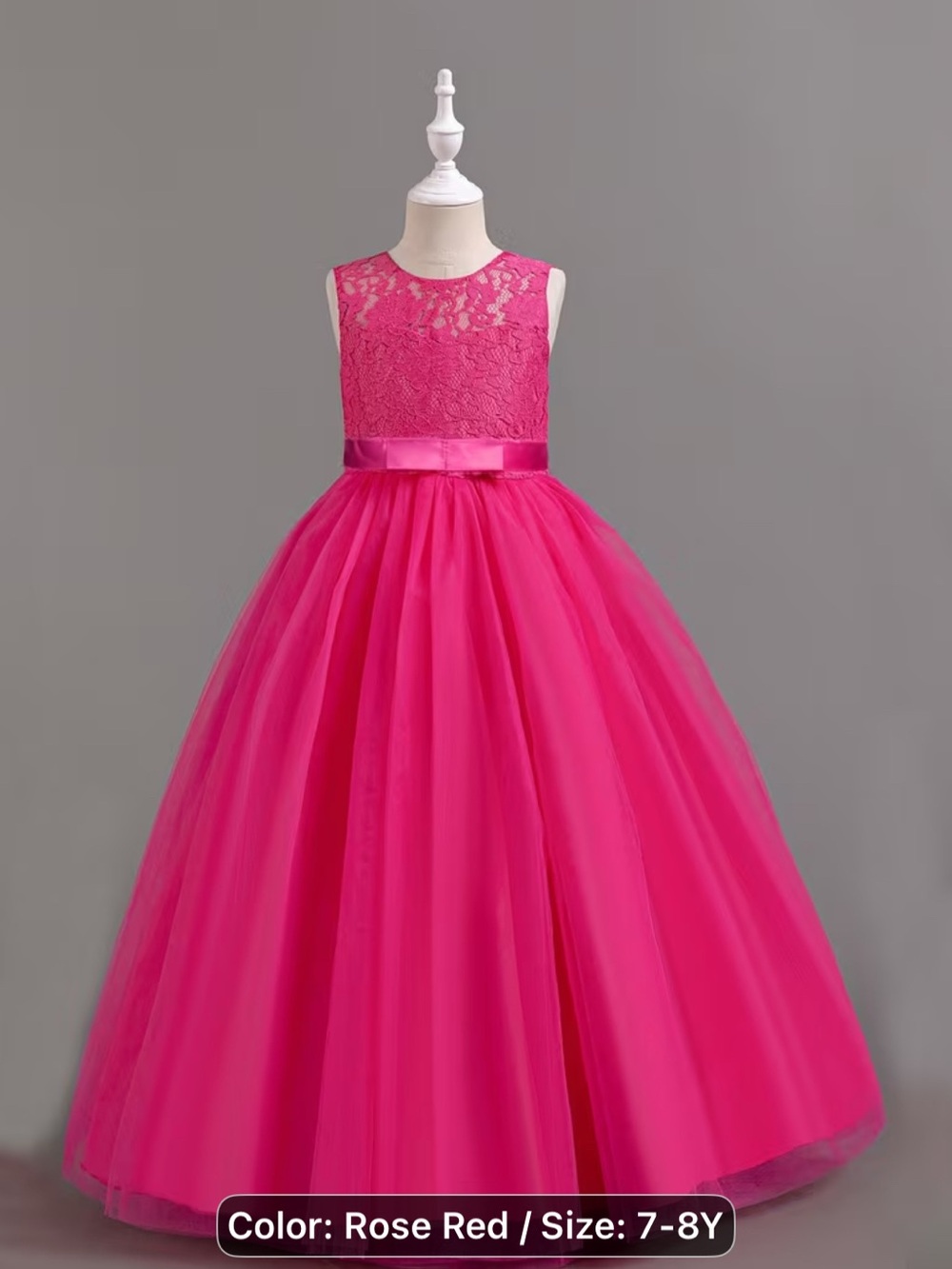 1-Girls' Rose Red Lace & Tulle Party Dress